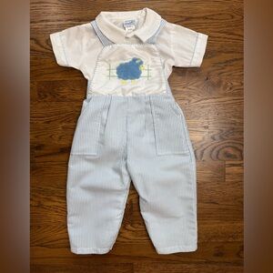 Vintage Chandler Union Made (USA) Blue Seersucker Kids 2 Piece Overalls 18 Mths